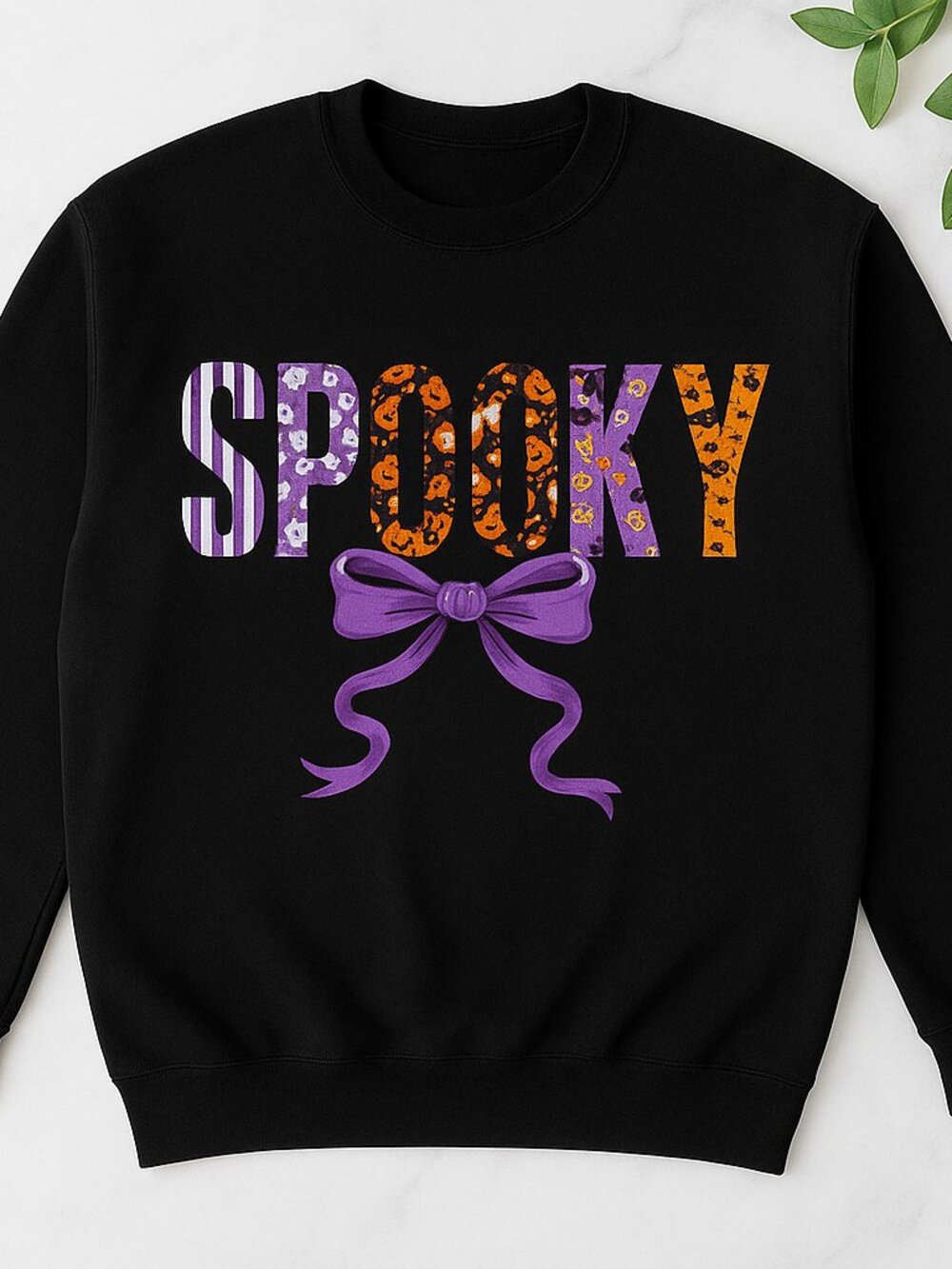 Spooky Halloween Bow Crewneck Sweatshirt, Purple Orange Graphic Pullover
